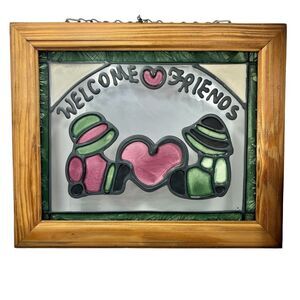 Vintage WELCOME FRIENDS Stained Glass Wood Sign Wall Door 70s Cottage Core